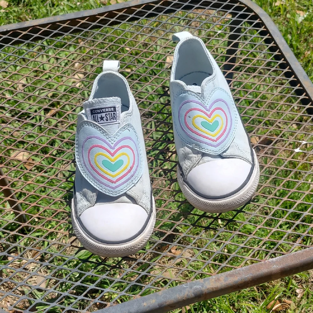 Converse Kids Light Blue Slip-On Sneakers with Rainbow Heart